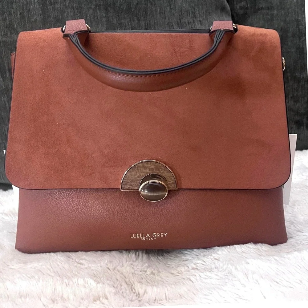 Luella Grey London Brown Mixed Media Satchel Bag Vegan Leather Leopard Strap NEW